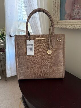 Brahmin Taupe Lizard-Embossed Satchel with Gold Hardware